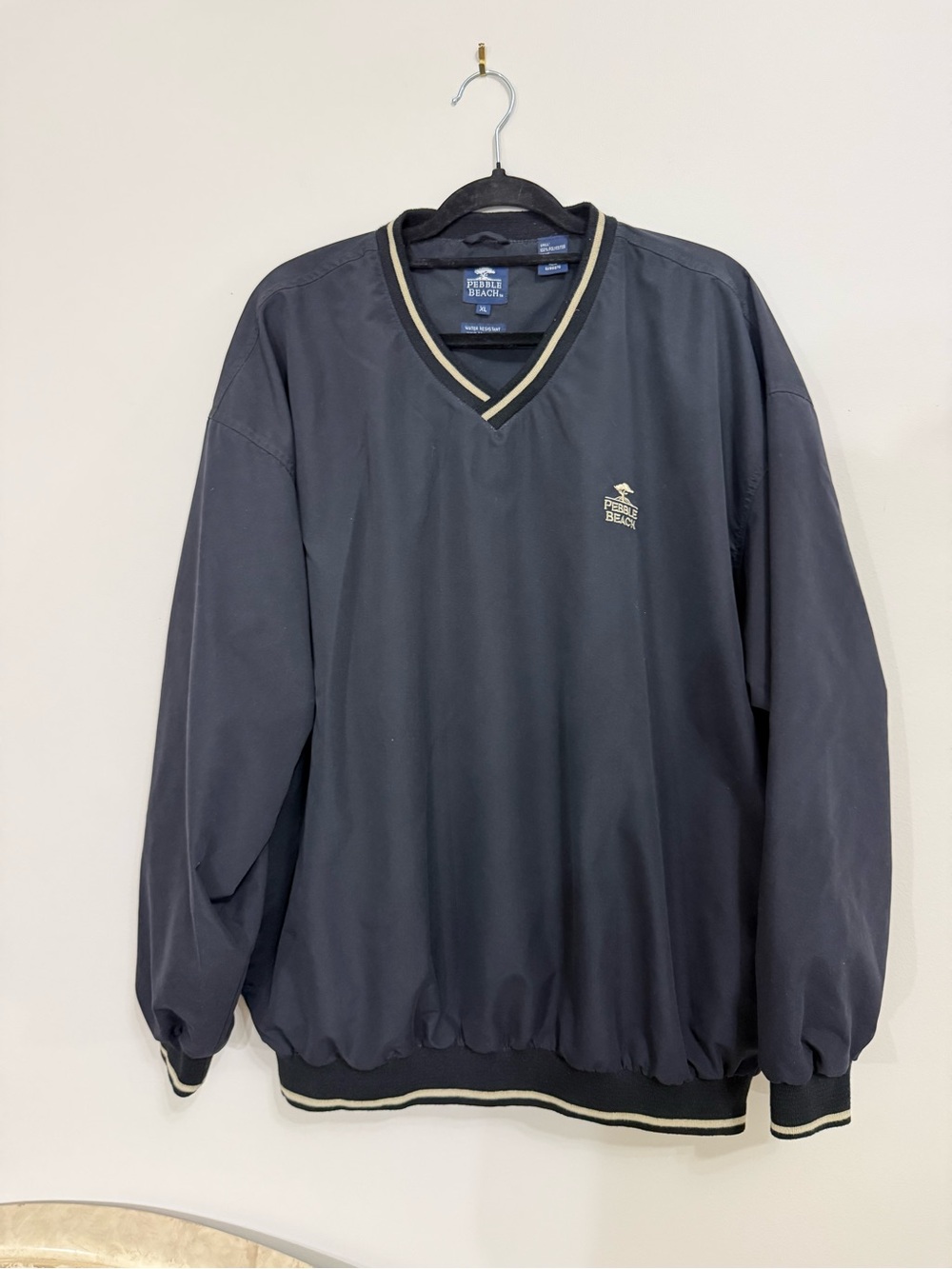 Vintage Pebble Beach Mens XL Black Long Sleeve V Neck Pullover Windbreaker